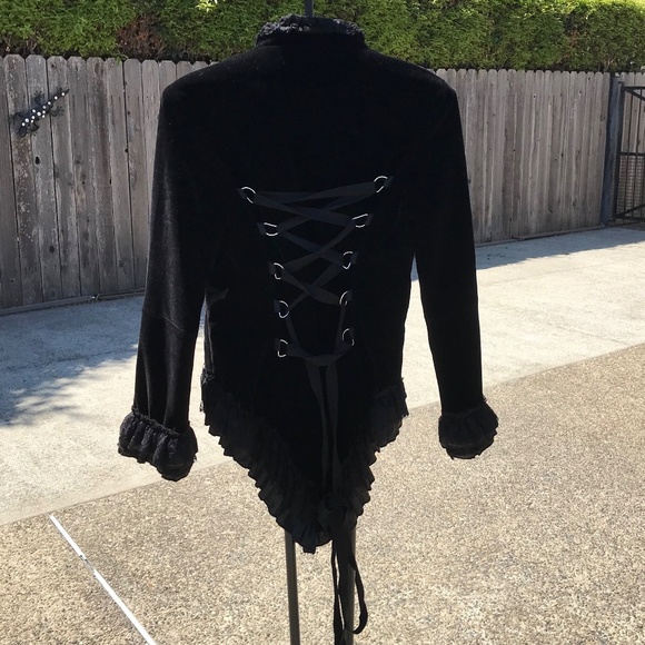 Black Velveteen w/Lace Cuffs Hearts & Roses Coat, Size 10 - Picture 2 of 5